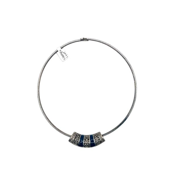 Tibetan Silver Filligree Sliding Pendant Charm Blue EnameL Necklace Choker VNTG - Picture 7 of 8